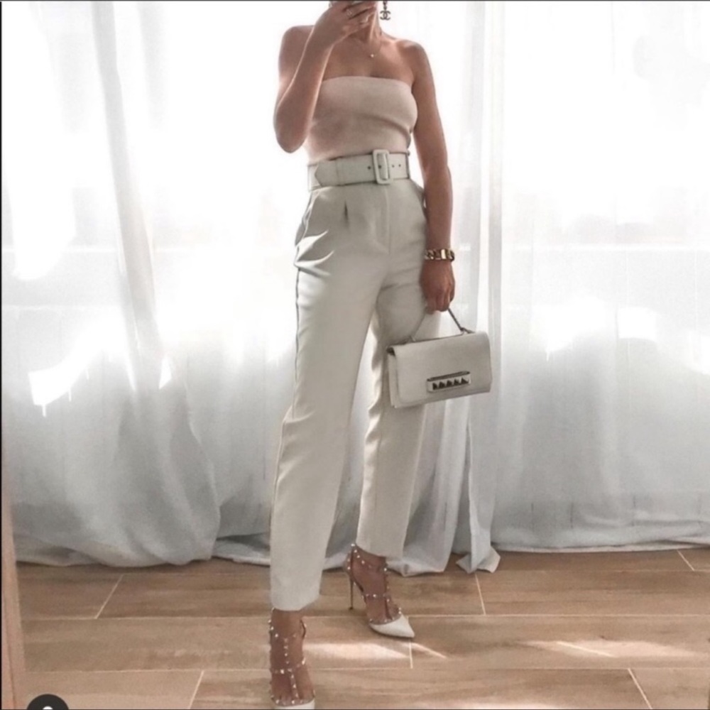 ZARA Beige Belted High Waist Tapered Trouser Pants - Picture 3 of 9